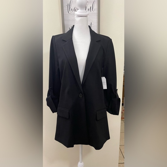 Women's Relaxed Fit Button Front Ponte Blazer with Adjustable Sleeves Black. NWT - Picture 6 of 17